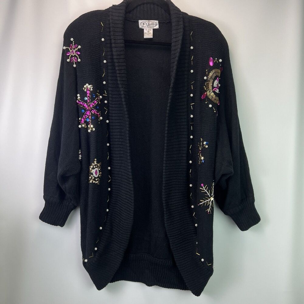 Vintage P’Galli Designs Black Embellished Cardigan Sweater Size Medium 80s 90s
